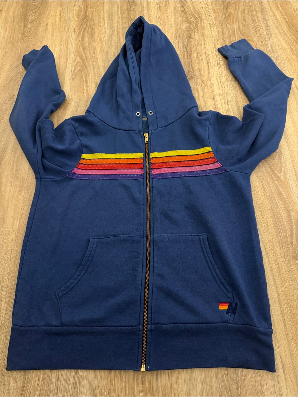 Aviator Nation Navy Zip-Up Hoodie with Rainbow Chest Stripes